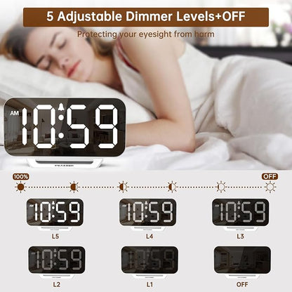Peakeep Slim Digital Mirror Aesthetic Alarm Clock for Bedrooms Desk Decor | Plug in Electric Big LED Modern Small Clock for Office Living Room, Battery Backup, 6 Dimmers (White)