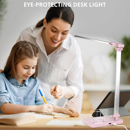 iVict LED Desk Lamp, Adjustable Table Foldable Lamp with USB Charging Port, 25 Lighting Modes, 45-Minute Auto Timer, Dual Swing Arm Desk Light with Pen Holde for Home Office/Study(Pink)