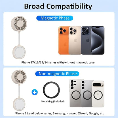 Magnetic Portable Phone Fan, Handheld Small Fan & Phone Holder with 360° Flexible Gooseneck, 3 Speeds, Rechargeable, Pocket Size Summer Cooling for Women, Travel, Beach, Makeup Use (Begie)