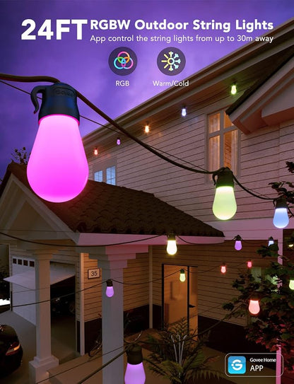 Govee Smart Outdoor String Lights H7029, 24ft RGBIC, IP65, 47 Scene Modes | 8 Dimmable LED Bulbs Outdoor Lights with Color Changing Warm White Lights for Patio, Backyard, App Control, Bluetooth