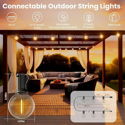 RTTY Outdoor String Lights 25 FT, G40 Led Patio Globe Lights with 13pcs Plastic Bulbs, Shatterproof Waterproof Connectable Hanging for Porch Cafe Bistro Backyard Gazebo Balcony Deck Party