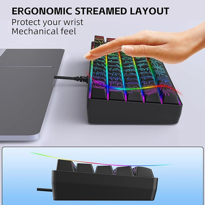 Snpurdiri 60% Wired Gaming Keyboard 61 Keys RGB (Contour Line-Black) | Backlit Small Gaming Keyboard Ultra-Compact for PC/Mac Gamer, Typist, Travel, Easy to Carry on Business Trip