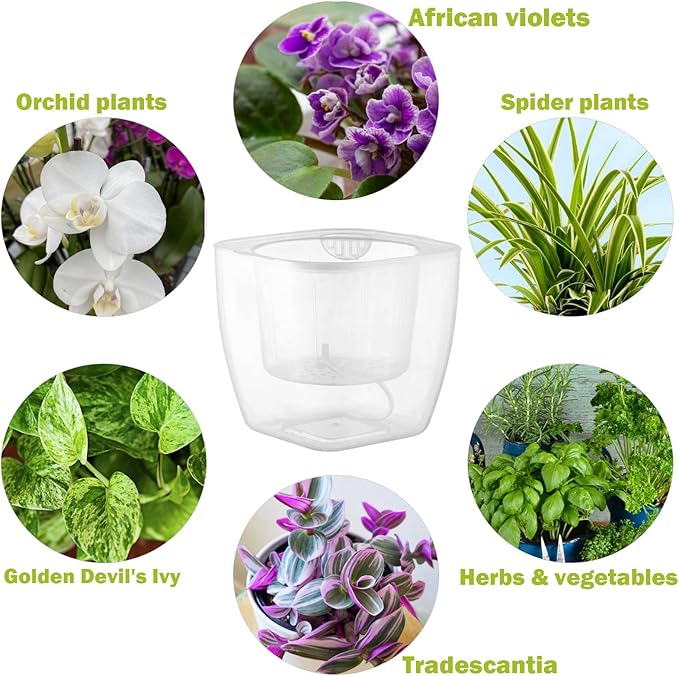 3-Pack Clear Self Watering Planters for Indoor Plants 7" Large African Violet Plant Pots Plastic Wick Flower Pots with Water Injection Hole, Orchid Plant Pot Set, Clear