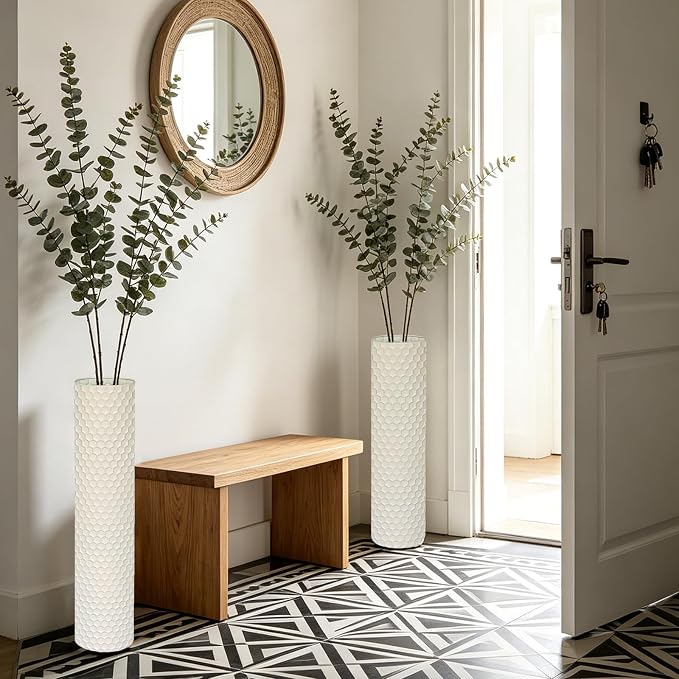 White Tall Floor Vase - Set of 3 Large Metal Decorative Vases for Living Room, 27.6in Long Modern Minimalist Big Cylinder Standing Rustic Boho Corner Decor for Farmhouse Entryway Pampas Grass
