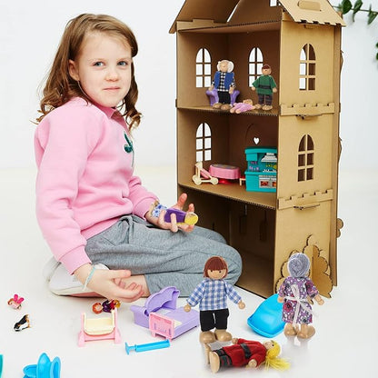 Jzszera Wooden Doll House Family of 8 Little Figures, Cute Dollhouse People for Girls Toddlers