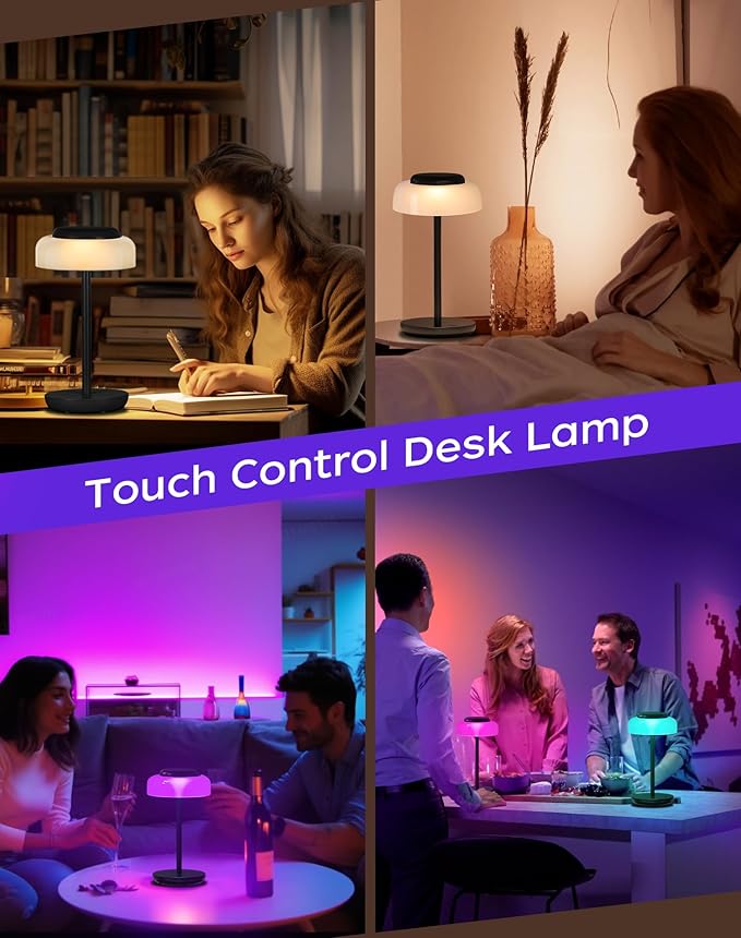 QiMH Battery Operated LED Table Lamp, 5000mAh Cordless Desk Lamp with 3 Level Brightness Touch Control, Mini Rechargeable Night Light for Living Room, Bedroom, Outdoor bar (Black-RGB)