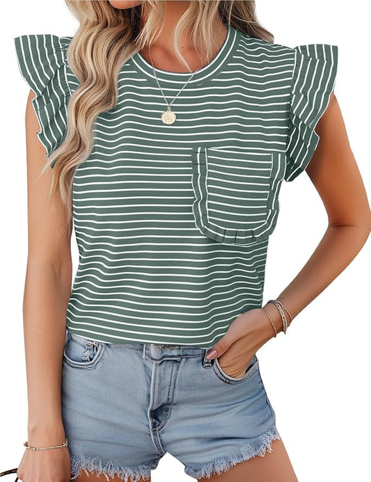 JUSTFASHIONNOW Womens Summer Tops Striped T-Shirts 2026 Ruffle Short Sleeve Crew Neck Casual Blouses with Pocket