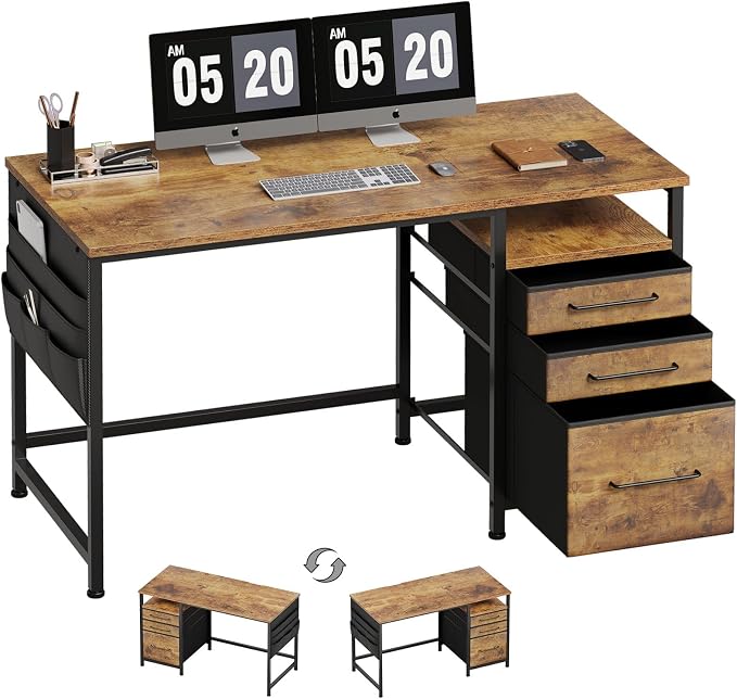 Maihail Small Desk with Drawers, Office Desk with Storage Shelves, Brown2 | 47 Inch Desktop, Metal Frame, 3 Fabric Drawers, Storage Shelves, Computer & Writing Desk, Office Gaming Workstation