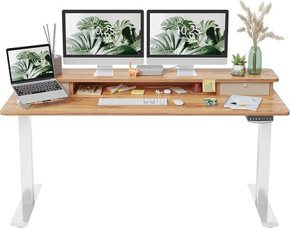 FEZIBO 60 x 24 Inch Height Adjustable Electric Standing Desk with Double Drawer, Stand Up Desk with Storage Shelf, Sit Stand Desk, Light Rustic