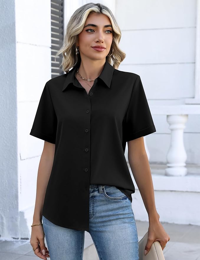 Zeagoo Button Down Shirts for Women Short Sleeve Collared Tops Dressy Casual V Neck Blouses