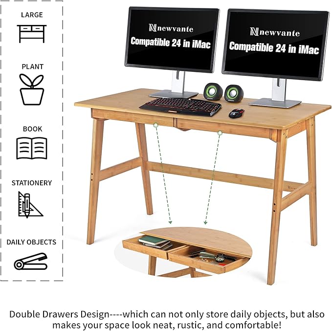 Nnewvante Writing Computer Desk 46" Bamboo Home Office Table with 2 Drawers, Modern Furniture Simple Study Makeup Workstation | Work Study Laptop Table for Bedroom, Modern Simple Style
