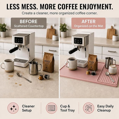 Silicone Coffee Mat 24 x 16 in with Tray, Soft Light Pink | Coffee bar mat for countertop use, coffee station mat or coffee machine mat with removable tray and 0.47 in raised rim.