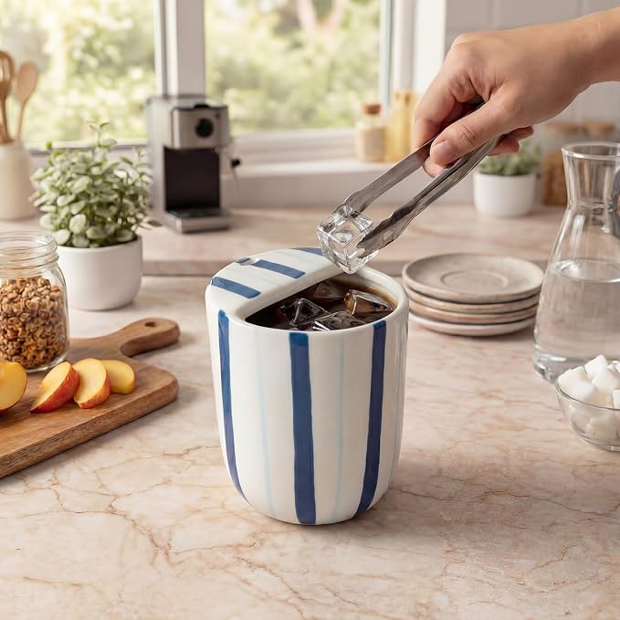 Ceramic Mug with Sip Hole 10 oz Deep and Light Blue Red Striped Ceramic Coffee Mug Hand Painted Travel Mugs Heat Resistant Non Slip Built in One Lid Mugs for Coffee Lovers Appreciation Gift