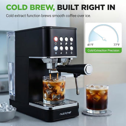 NutriChef 20-Bar Espresso Maker With Milk Frother | Removable 1.8 Quart Water Tank | Coffee Maker for Brewing Espresso, Cappuccino, Latte, Americano & Cold Brew Coffees | Black