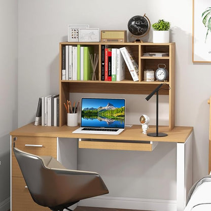 LDAILY Desktop Bookshelf, 2-Tier Office Desk Shelf Organizer Desk Hutch with 4 Shelves, 37’’L Wood Storage Rack Display Shelf for Computer Desk, Office, College Dorm, Bedroom (Natural)
