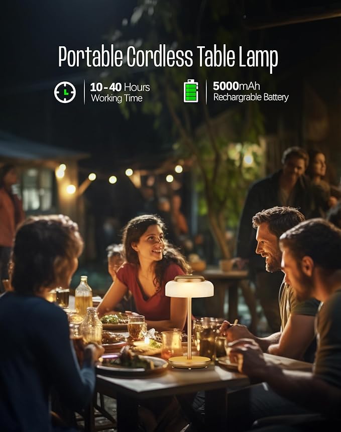 QiMH Battery Operated LED Table Lamp, 5000mAh Cordless Desk Lamp with 3 Level Brightness Touch Control, Mini Rechargeable Night Light for Living Room, Bedroom, Outdoor bar (Gold)