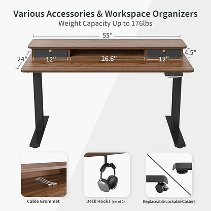 FEZIBO 55 x 24 Inch Height Adjustable Electric Standing Desk with Double Drawer, Stand Up Desk with Storage Shelf, Sit Stand Desk, Blcak Walnut
