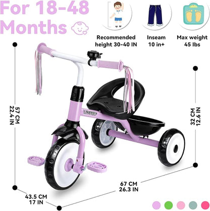 Liberry Toddler Tricycle Age 2 3 4 Years Old, Kids Trike with Bell, Back Basket and Removable Pedal, 3 Wheel Bike Riding Toy Gift for Girls, Purple
