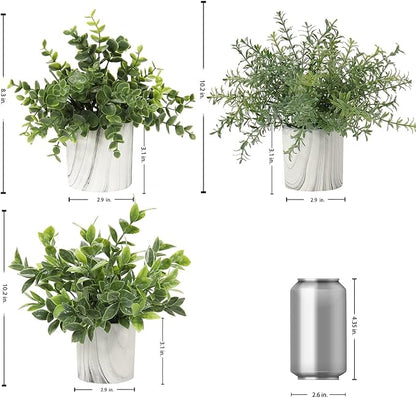 Hollyone Mini Artificial Potted Plants Fake Plants in Marble Pots, 1Pcs Plastic Eucalyptus Greenery Faux Plants for Home Office Desk Room Centerpiece Shelf Décor