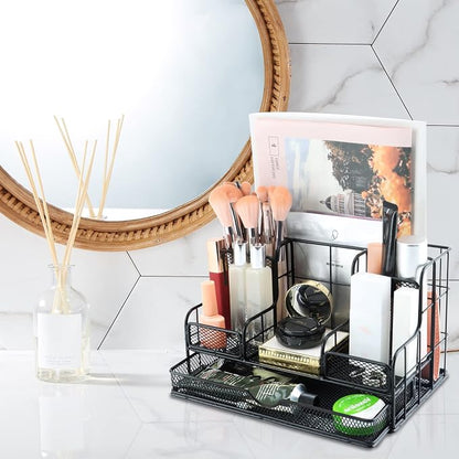 Desk Organizers Caddy and Accessories with 7 Compartments + Pen Holder / 72 Clips Set, Drawer, Black Mesh Office Supplies Desktop Organizer for Home, Office Ect