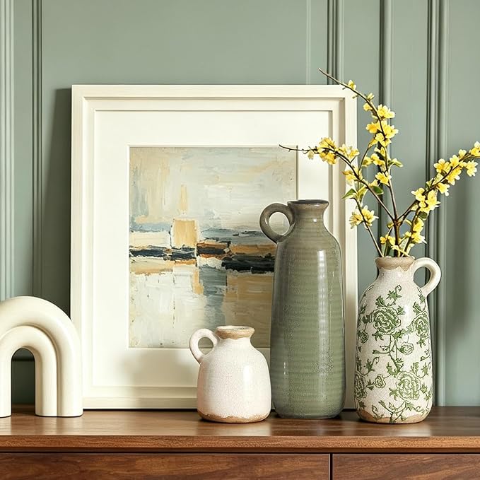 Vintage Vase Set of 3 with Handle, Ceramic Vintage Rustic Vases Home Decor Farmhouse Decorative Vase Pottery Decor Modern for Table Mantel Entryway Bookshelf Living Room Kitchen Bedroom - Green