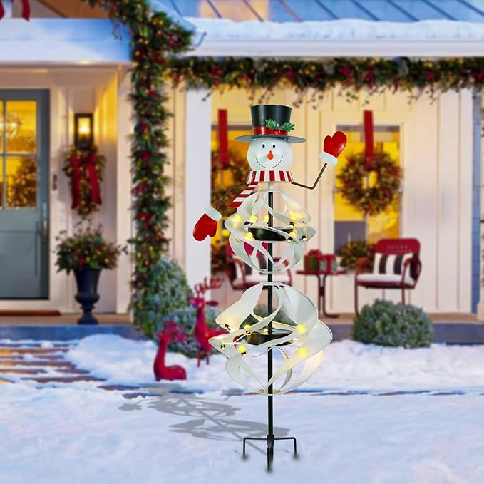 Outdoor Christmas Decorations Snowman Solar Wind Spinner Lighted Christmas Yard Stakes Outdoor Xmas Metal Wind Spinner Stake for Garden Lawn Pathway Party Decoration