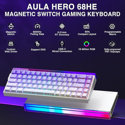 AULA Hero 68 HE 60% Gaming Keyboard Wired, Hall Effect Magnetic Switch Keyboard with Adjustable Actuation, Fast Trigger Mode, 8K Hz Polling Rate, 0.125ms Latency,Side Printed PBT Keycaps, RGB Backlit