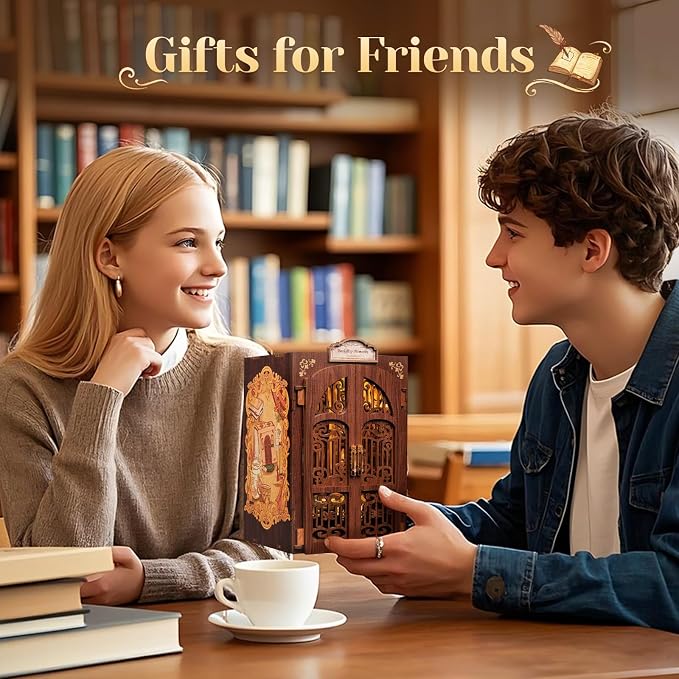 CUTEBEE DIY Book Nook Kit, Miniature House Kits for Adult and Teens, DIY Miniature Book Nook kit with Sensor Led Light, Gifts for Lovers and Family (Bookshop Memories)