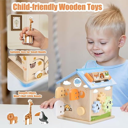 Wooden Activity Cube Montessori Toys for 6 Months Old 1 2 3 Years Toddlers Boys Girls 8-in-1 Baby Activity Center Birthday Gifts Shape Sorter Educational Learning Wood Cube