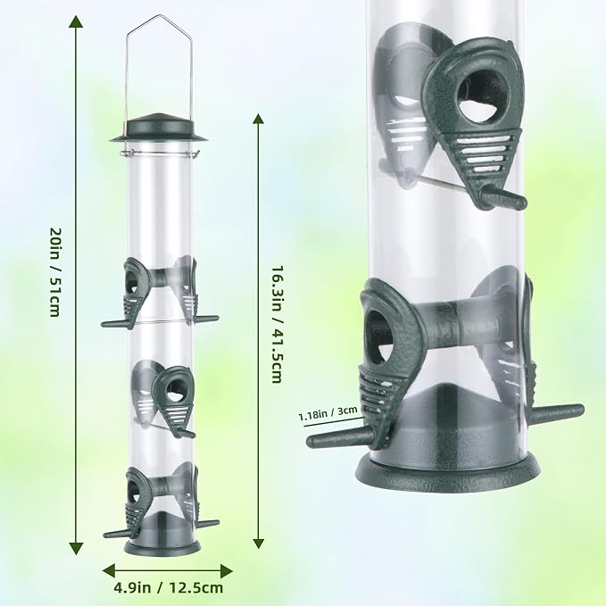 MIXXIDEA 2PK Metal Bird Feeders with 6 Feeding Ports,Tube Bird Feeder with Steel Hanger,Wild Bird Feeder for Outdoors Hanging, Attracting Birds in Your Lawn, Garden, Balcony (Green)