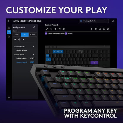 Logitech G515 Lightspeed TKL Wireless Gaming Keyboard (Linear) - Black | LIGHTSPEED wireless, LIGHTSYNC RGB, thin tenkeyless design, double-shot PBT keycaps, mechanical switches