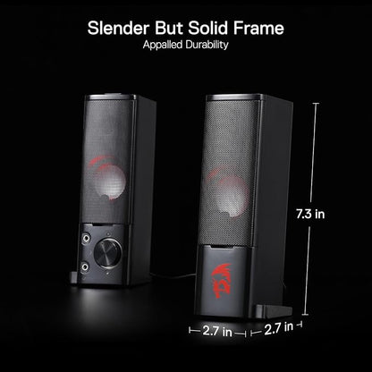 Redragon GS550 PC Gaming Speakers 2.0 Channel Stereo Enhanced Sound, Black | Compact Maneuverable Size, Headphone Jack, Decent Red Backlight, Plug & Play USB Powered Desktop Computer Speaker