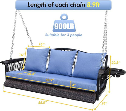 Wicker Porch Swing Heavy Duty 900 LBS 3-Seat Outdoor Patio Swing Chair with Cushions & 8.9ft Chains Outdoor Hanging Bench with Upgraded Cup Holders for Garden Deck Backyard