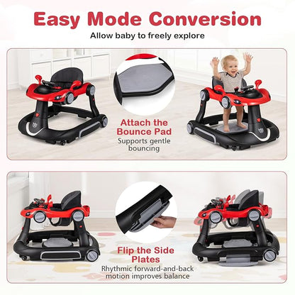 BABY JOY 7-in-1 Baby Walker, Foldable Baby Walker and Bouncer Combo with Handle, Adjustable Height & Speed, Music, Lights, Rocker/Push Mode, Baby Walker with Wheels for Boys Girls 7-18 Months (Red)