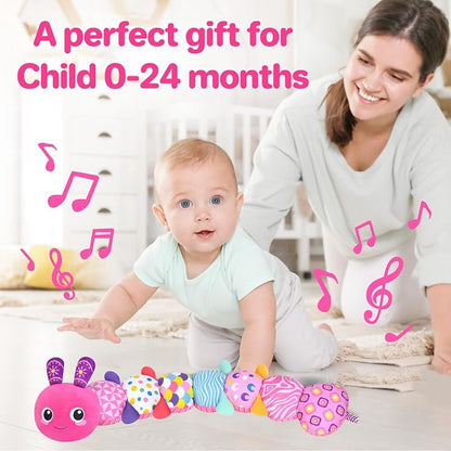 KMUYSL Baby Sensory Caterpillar Toys for 0-6 6-12 Months, Soft Plush Activity Toy with Crinkle, Rattle & Gentle Music, Tummy Time Toy for Infant Newborn, Early Development Toy Shower Gifts for Baby