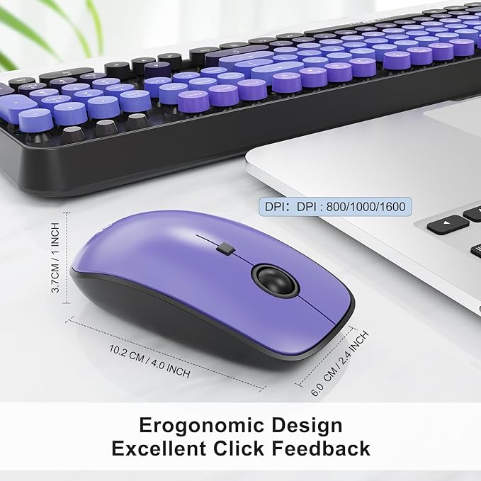 FOPETT Wireless Keyboard and Mouse Combo, 104 Keys Full-Sized 2.4 GHz Round Keycap Colorful Keyboards, USB Receiver Plug and Play, for Windows, Mac, PC, Laptop, Desktop (GradientPurple)
