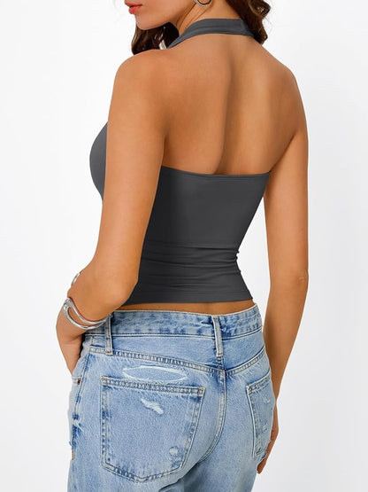 Trendy Queen Halter Tops for Women Going Out Summer Top | Cowl Neck Shirts, Sexy Backless, Fashion Y2K Clothes, Perfect for Party, Club, Vacation, Pair with High-waisted Bottoms