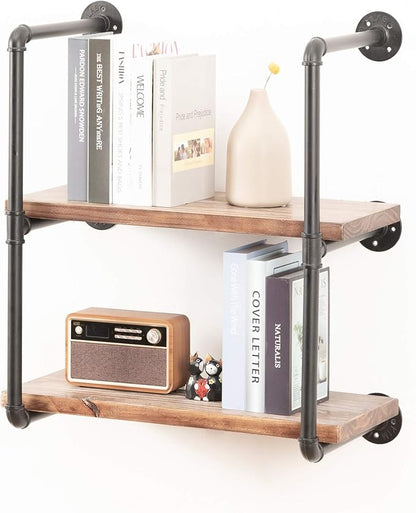 Industrial Wall Mounted Pipe Shelving,Rustic Metal Floating Shelves,Steampunk Real Wood Bookcases,DIY Bookshelf Hanging Shelves,Farmhouse Kitchen Bar Office Home Storage (3-Tier with 2 Boards,24in)