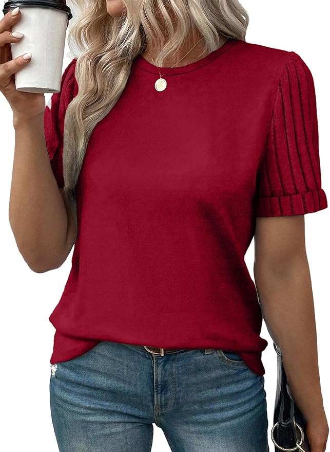SHEWIN Women's Short Sleeve Summer Tops Crewneck Knit Solid Loose Casual Basic T Shirts Tee Blouses
