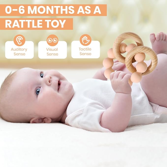 Socub Baby Teething Toys for 0-6 6-12 Months- BPA-Free Food-Grade Silicone & Natural Beech Wood Teether Ring for Newborn Infants Teething Relief- Easy-Grip Sensory Rattle Toys(Blush)