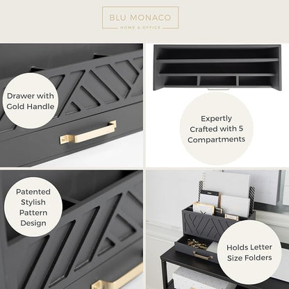 BLU MONACO | Wooden Mail Organizer with Drawer Gold Handle | Mail Sorter Organizer Countertop and Outgoing Mail Holder | Tabletop Organizer with Drawers Grey Desk Storage