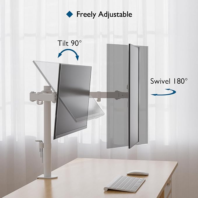 BONTEC Dual Monitor Desk Mount, Full Motion Adjustable White Monitor Stand for 13–27 Inch Screens, Heavy Duty Arms Hold 22 lbs Each, VESA 75x75/100x100, C Clamp and Grommet Base, Cable Management