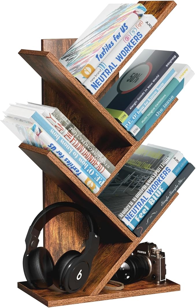 SHEEPAM 5 Tier Tree Book Shelf, Small Desktop Bookshelf with Storage Organizer, Wood Bookcase, Desk Display Bookshelves, Floor Standing Organizer Bookcases for Living Room,Bedroom,Office-Brown