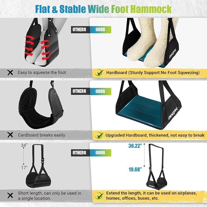 2-Pack Foot Hammock for Plane Travel, No Collapse Thickened Bamboo Airplane Foot Rest with Extended Adjustment Strap, Portable Desk Foot Hammock to Relax Your Feet, Foot Sling Travel Essentials(Black)