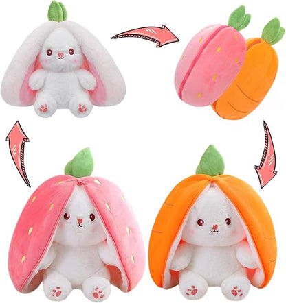 MIAODAM Cuddly Bunny Stuffed Animal, Kawaii Squishy Cute Easter Bunny Plush Turn Into Rabbit Fruit Doll Carrot Strawberry Bunny, Plushies Funny Bunny Toy for Kids