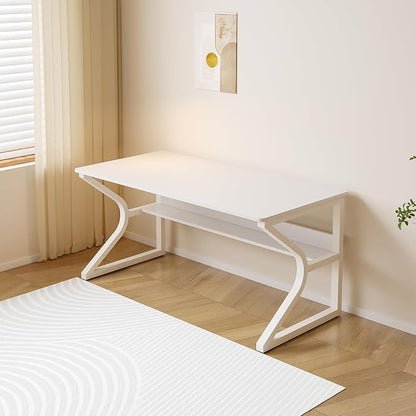 OSCHF 47.3-Inch Writing Desk with Storage Shelf, Warm White | Space-saving, Single-Person Workstation, Modern Study Gaming Computer Desk, Suitable for Home Office, Bedroom and Dorms