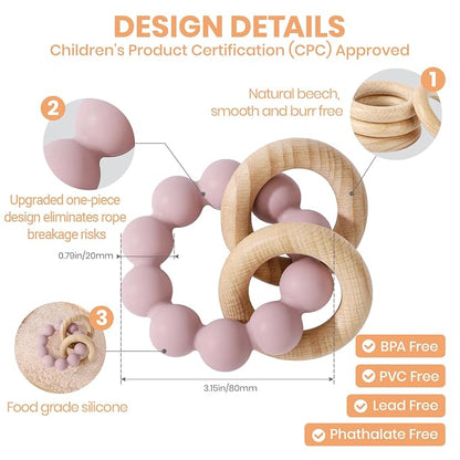 Socub Baby Teething Toys for 0-6 6-12 Months- BPA-Free Food-Grade Silicone & Natural Beech Wood Teether Ring for Newborn Infants Teething Relief- Easy-Grip Sensory Rattle Toys(Dusty Lilac)