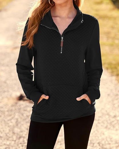 BTFBM Women Fashion Quilted Pattern Lightweight Zipper Long Sleeve Plain Casual Ladies Sweatshirts Pullovers Shirts Tops