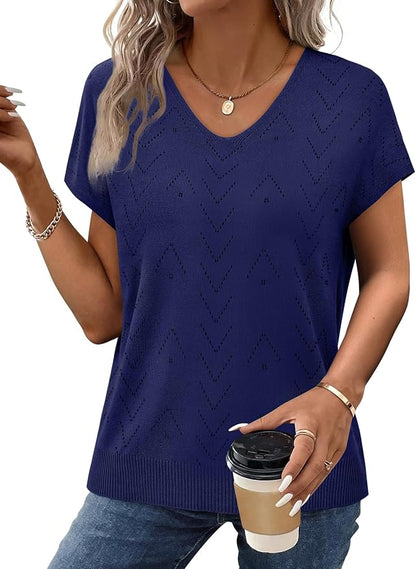 WIHOLL Short Sleeve Sweater for Women V Neck Trendy Cute Tops Business Casual Outfits Cap Sleeve