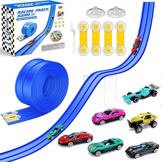 15 Ft Flexible Race Car Track for Kids, Rolls Up Portable Race Tracks with 6 Car & Suction Cups, Compatible with Hot Wheels and Diecast 1/64th Cars, Birthday Gifts for Boys Girls